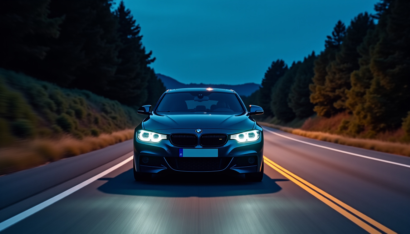 BMW 335d M Sport en conduite nocturne sur une route sinueuse, phares allumés et ligne de caisse marquée par le pack M Sport