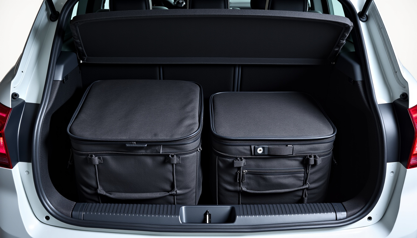 Coffre de la Mercedes Classe A 160 avec valise et sacs, montrant le volume de 341 litres