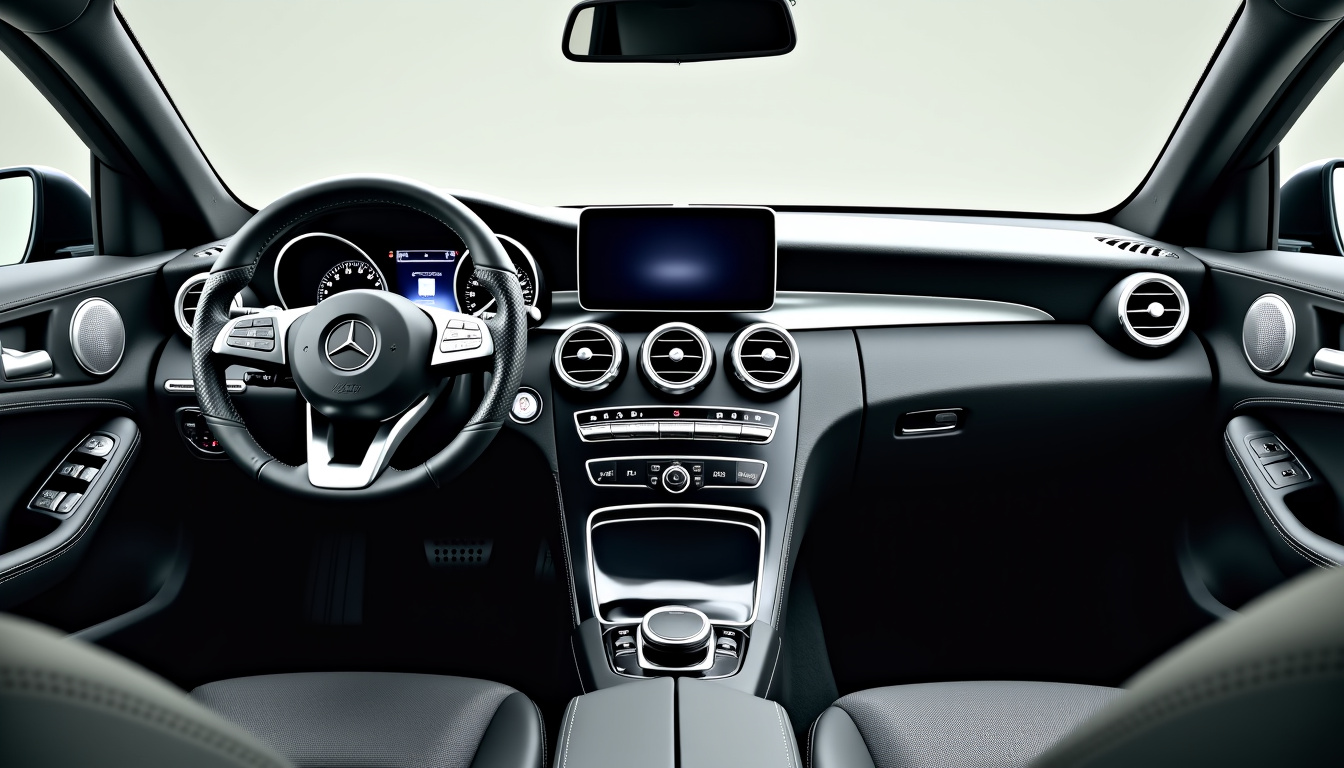 Intérieur de la Mercedes Classe A 160 Sensation avec volant en cuir, écran central et finitions métalliques