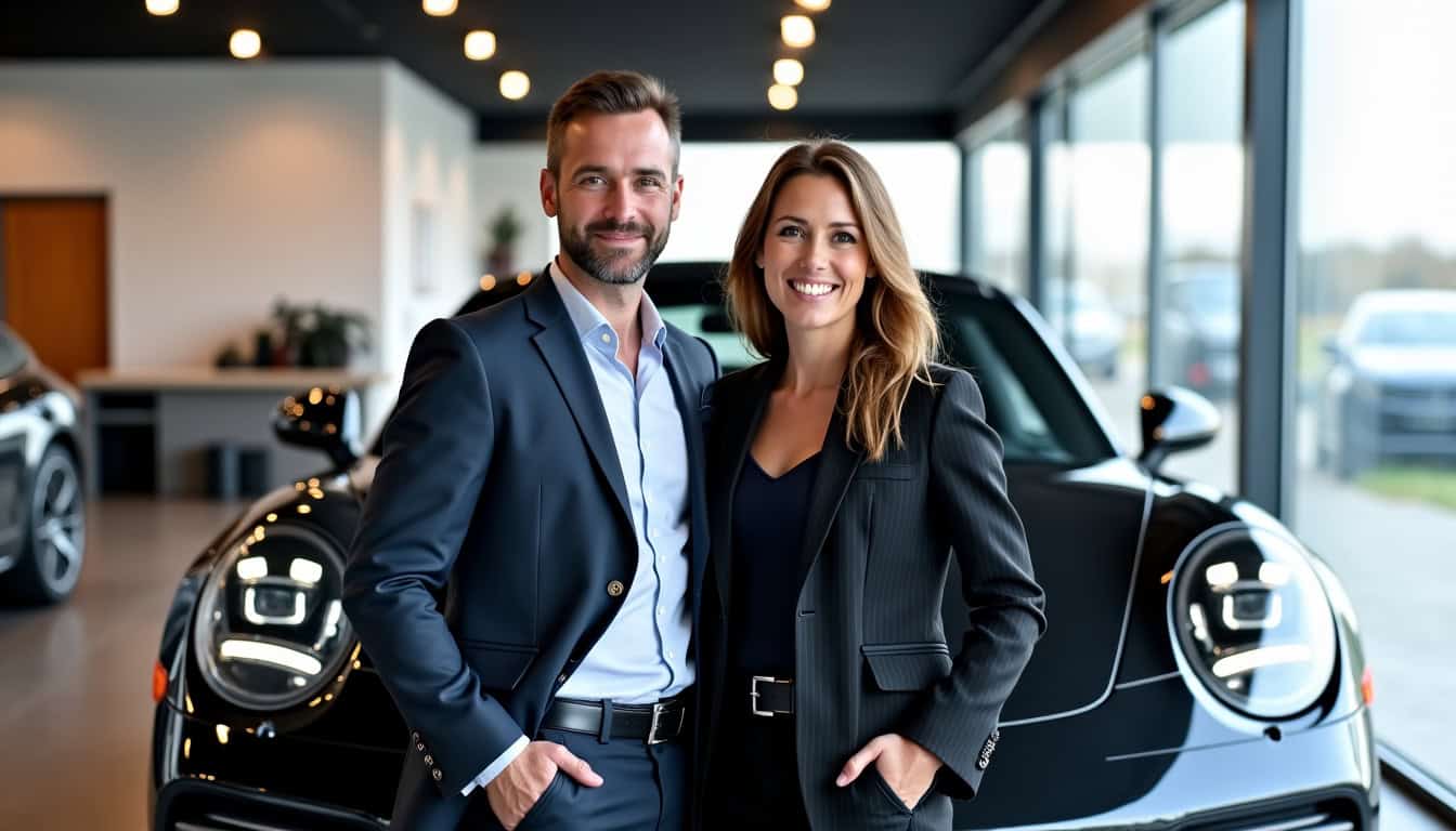 Jean-Baptiste et Sarah, fondateurs de World of Cars, posant devant un véhicule Porsche dans leur showroom à Saint-Jean-d