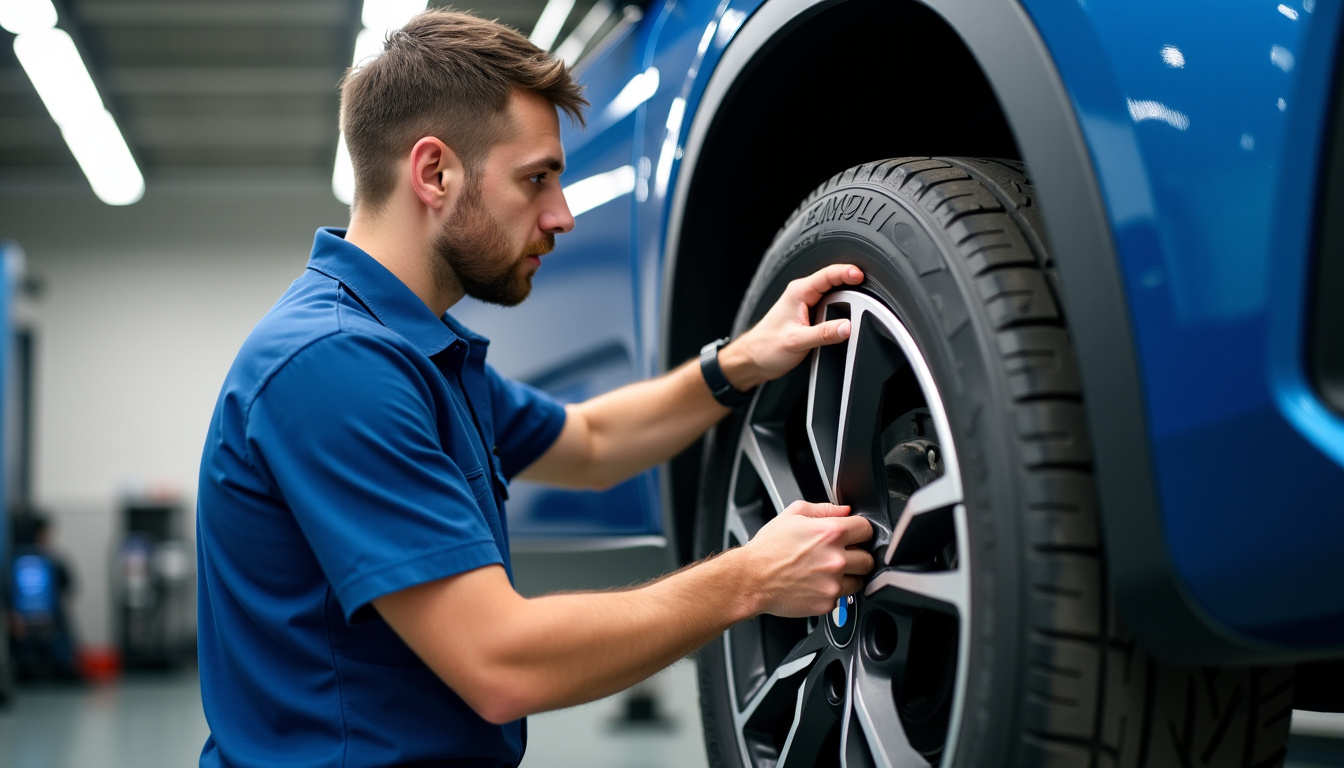 Mécanicien en train de remplacer une valve de jante sur une roue BMW à l’aide d’un démonte-pneu