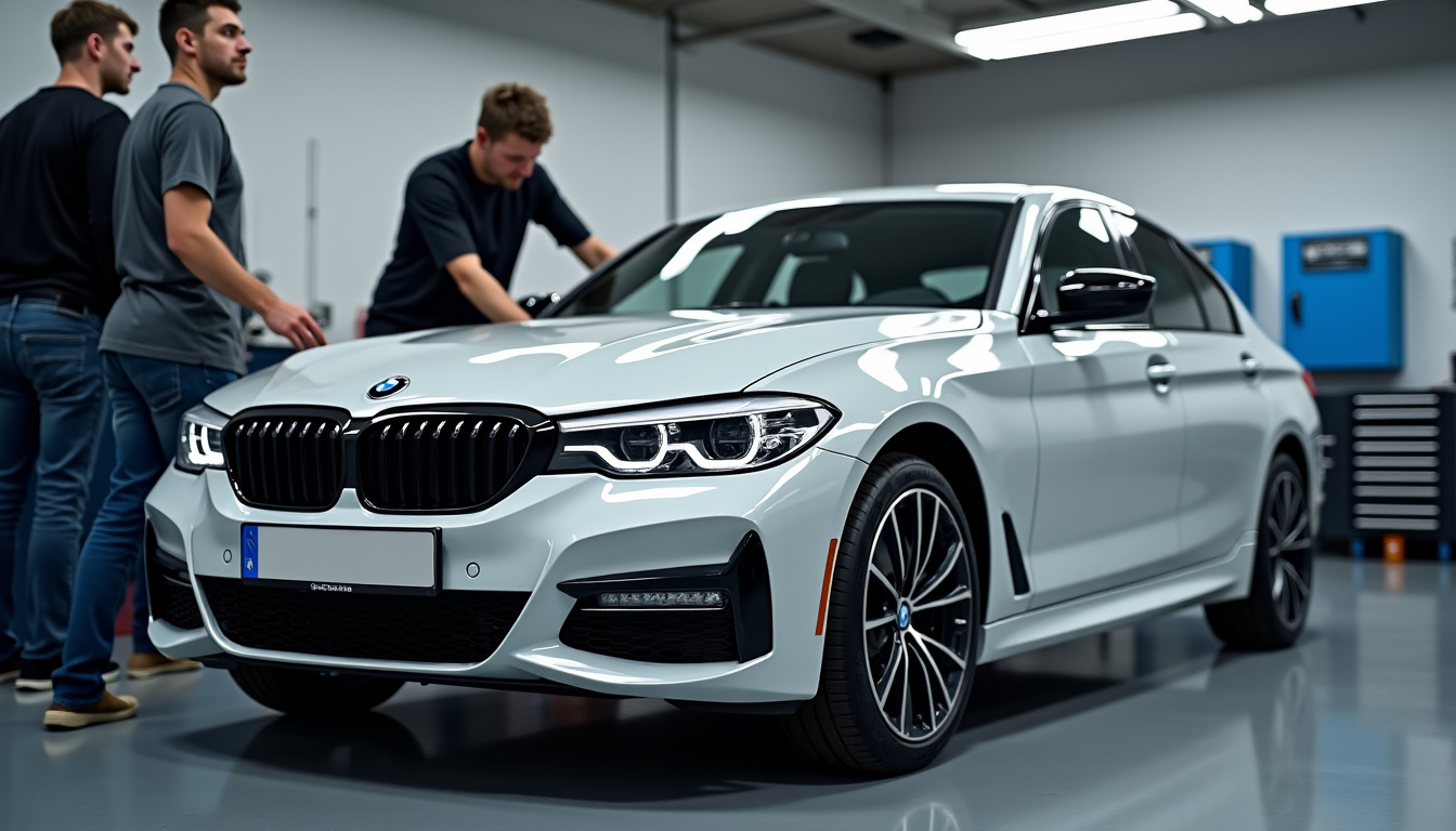 Mécanicien en train d’installer un silencieux sport sur une BMW 316d en atelier