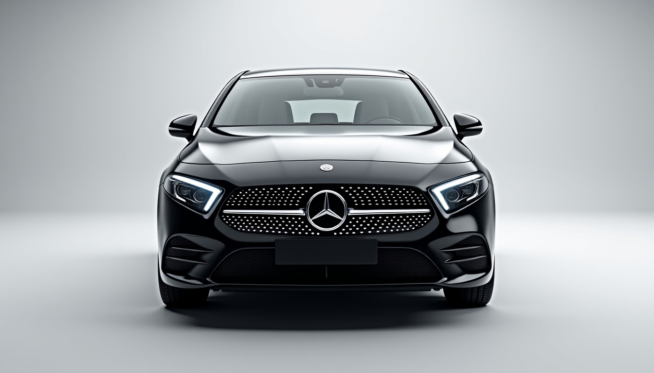 Mercedes Classe A 160 Sensation en couleur noire, vue de trois-quarts avant, avec feux LED et jantes alu