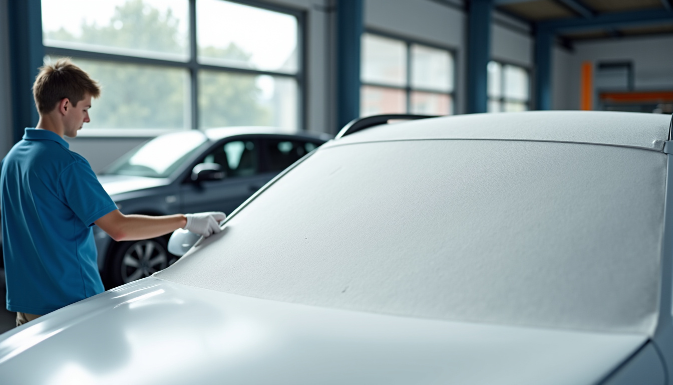 Un sellier automobile en train de recoller un ciel de toit avec du tissu neuf dans un atelier