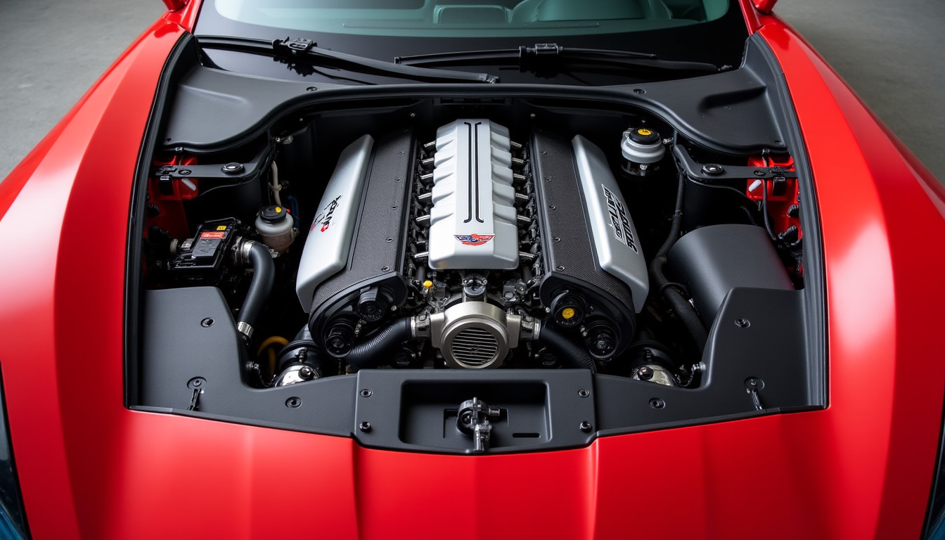 Vue détaillée du moteur Corvette V8 installé dans le 1000tipla, montrant la complexité de l