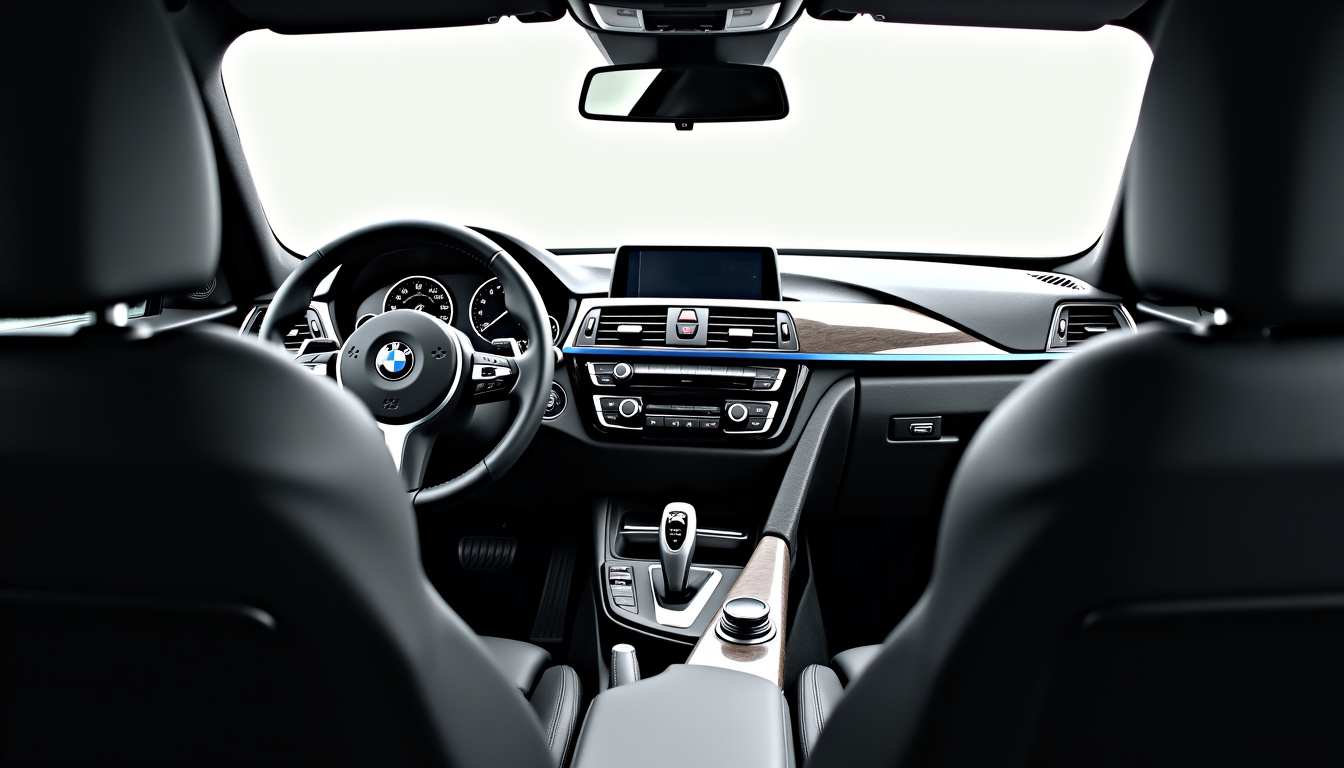 Vue intérieure de la BMW 335d M Sport, mettant en évidence le volant M, les sièges sport cuir, et l’écran iDrive