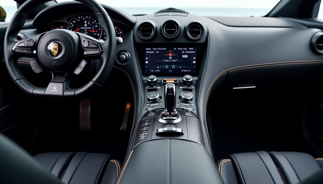 Vue intérieure de la Koenigsegg CC850 mettant en évidence le levier de vitesse et le tableau de bord Chronocluster