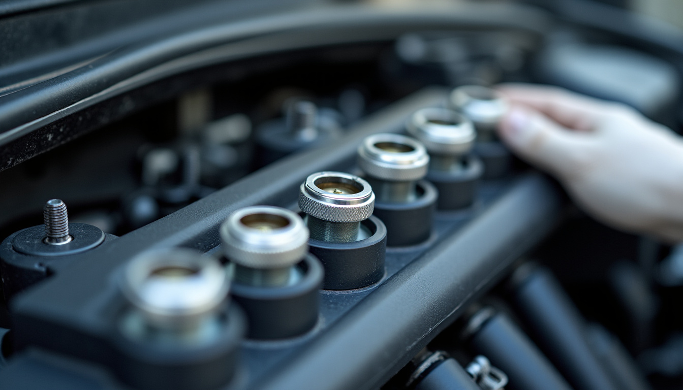 Vue rapprochée de valves de jante sur une BMW E39, en cours d’inspection