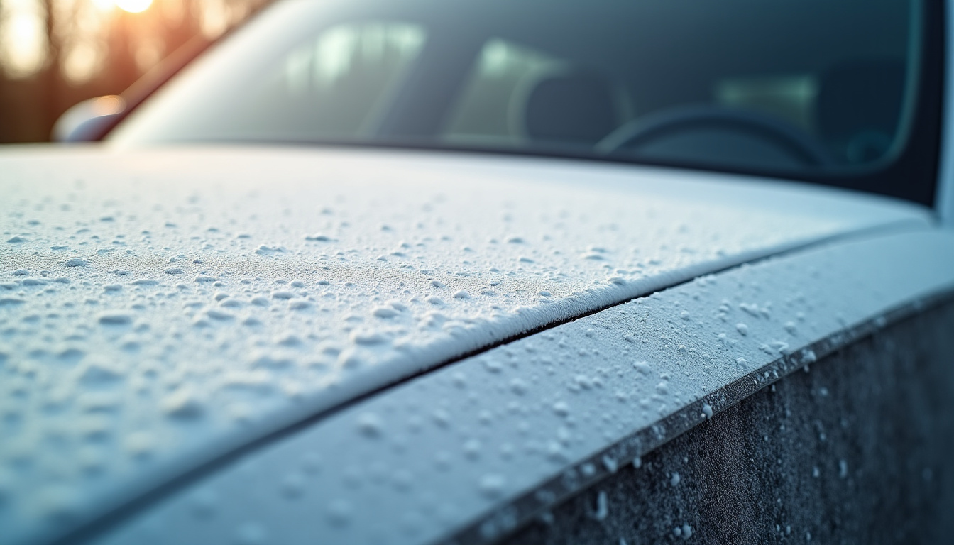 Vue rapprochée d’un ciel de toit de voiture partiellement décollé, montrant la mousse désagrégée et les fils du tissu