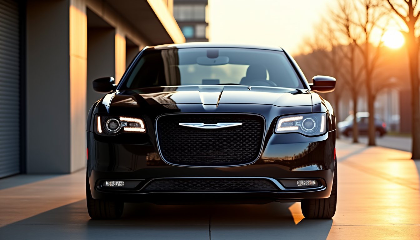 Berline Chrysler 300 garée en extérieur, vue de face mettant en valeur son design imposant