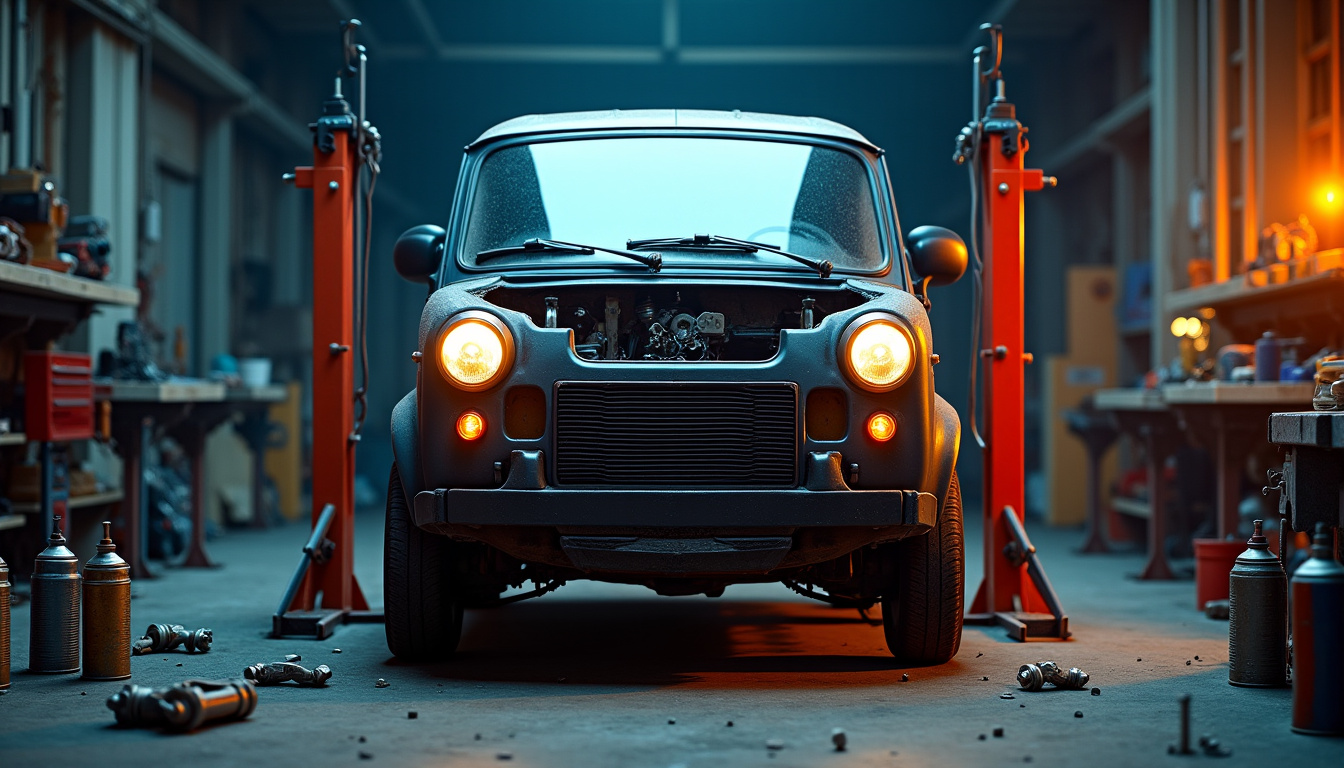 Fiat Multipla en cours de transformation dans un atelier de tuning