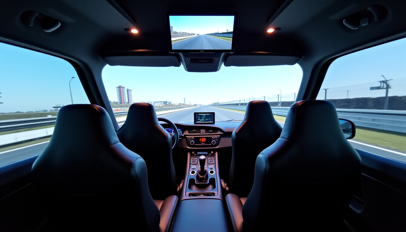 Intérieur de la Racebox avec des simulateurs de conduite, des écrans et un bar moderne