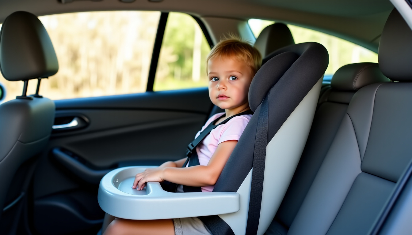 Enfant installé dans un rehausseur voiture avec dossier, ceinture bien positionnée sur l’épaule et les hanches