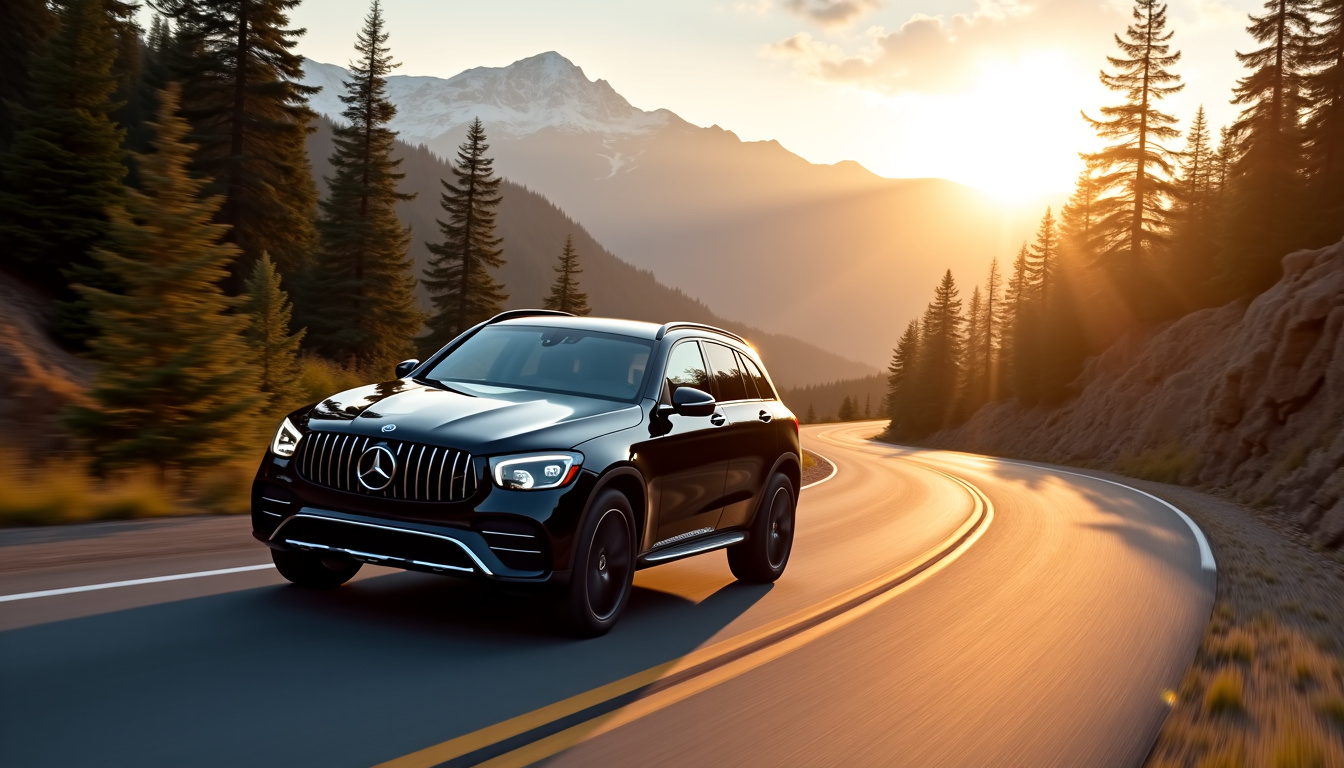Essai routier du Mercedes GLC électrique sur une route sinueuse avec paysage montagneux au loin