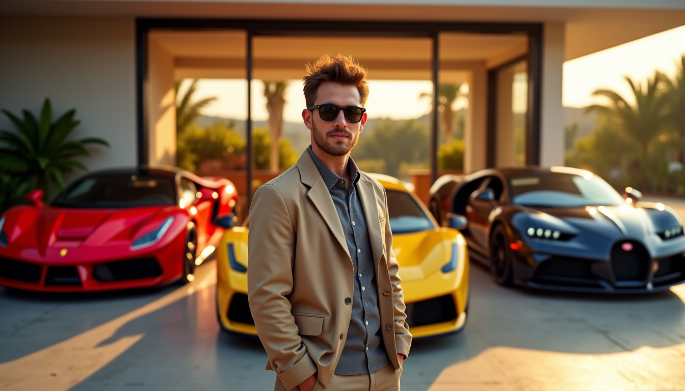 GMK posant fièrement devant sa collection de voitures de luxe comprenant une Ferrari, une Lamborghini et une Bugatti