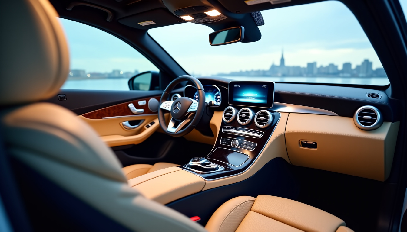 Intérieur du Mercedes GLC en finition Luxury avec sièges en cuir beige, planche de bord en bois et écran MBUX allumé