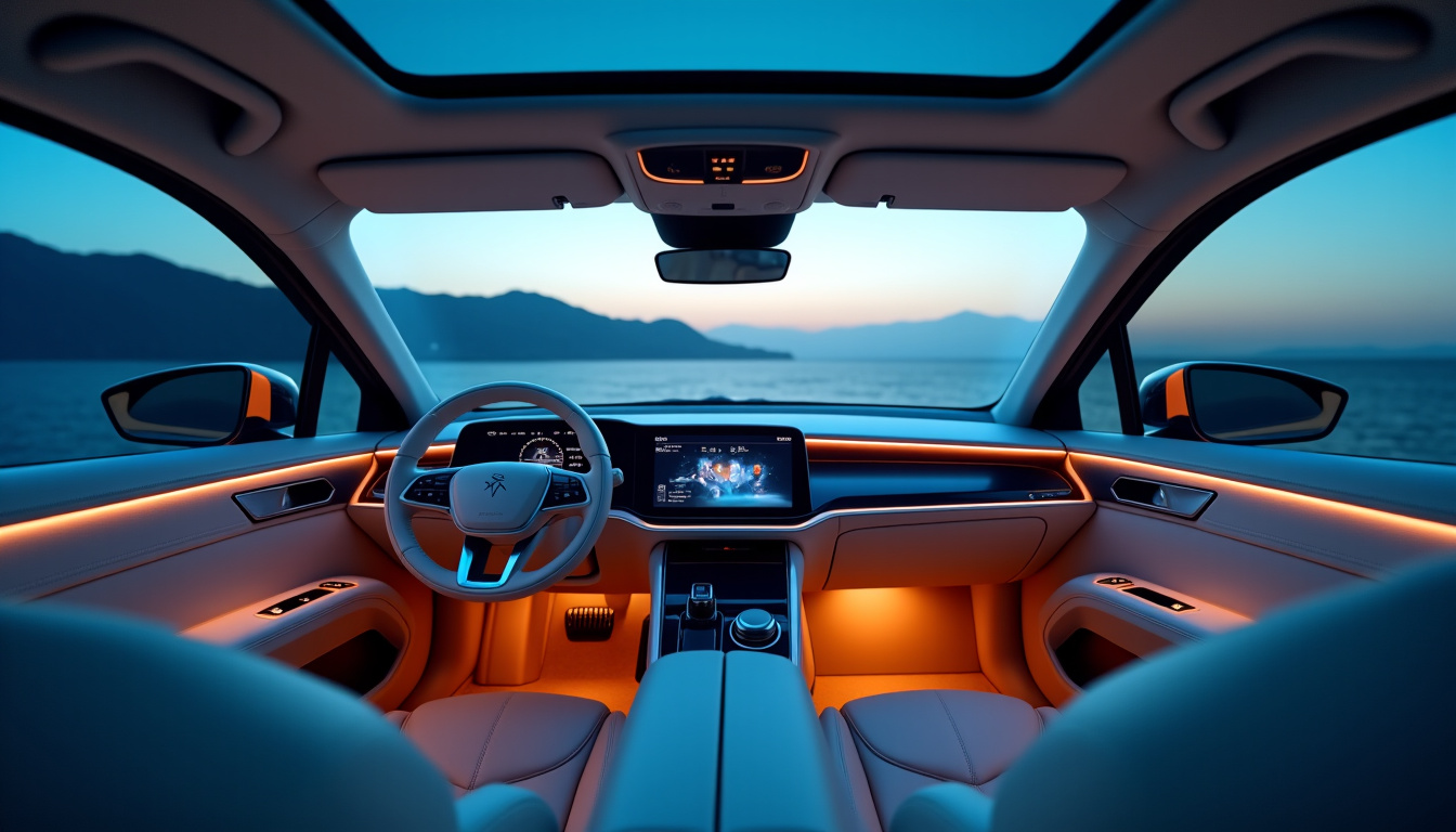 Intérieur du Xpeng G6 avec éclairage d’ambiance Star Light, écran central et sièges en cuir Nappa