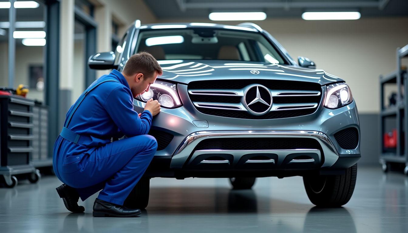Mécanicien inspectant un Mercedes GLC d
