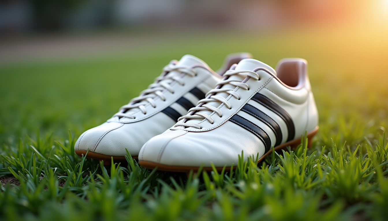 Ancienne paire de chaussures adidas F50 posée sur un tapis vert, vue de profil et de face