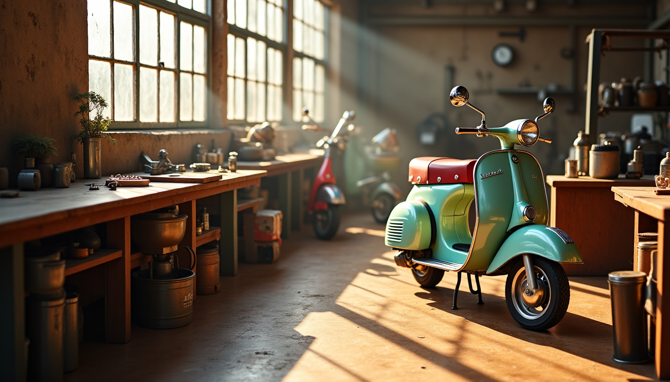 Atelier de restauration avec plusieurs Vespa anciennes en cours de réparation
