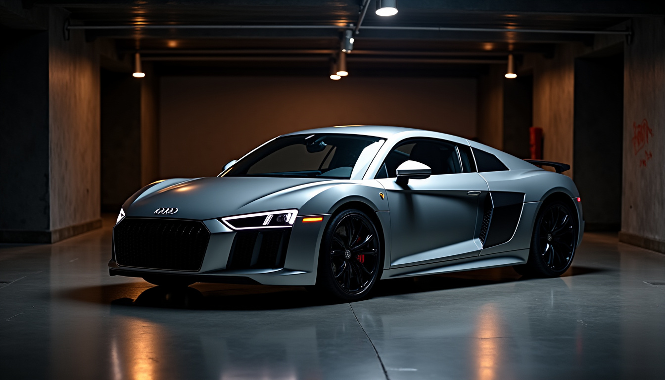 Audi R8 première génération garée dans un garage intime avec lumière tamisée