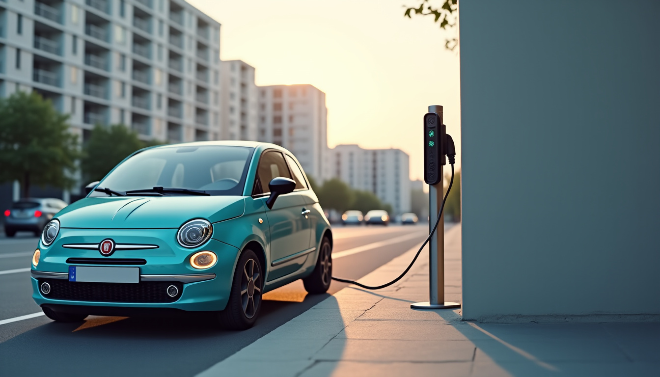 Fiat 600 en cours de recharge sur une borne publique, montrant le port de charge côté conducteur