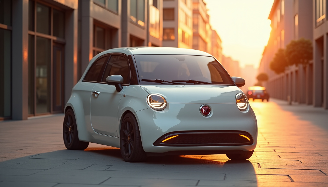 Fiat 600 en stationnement sur une rue urbaine, montrant son design extérieur avec lignes arrondies et feux LED