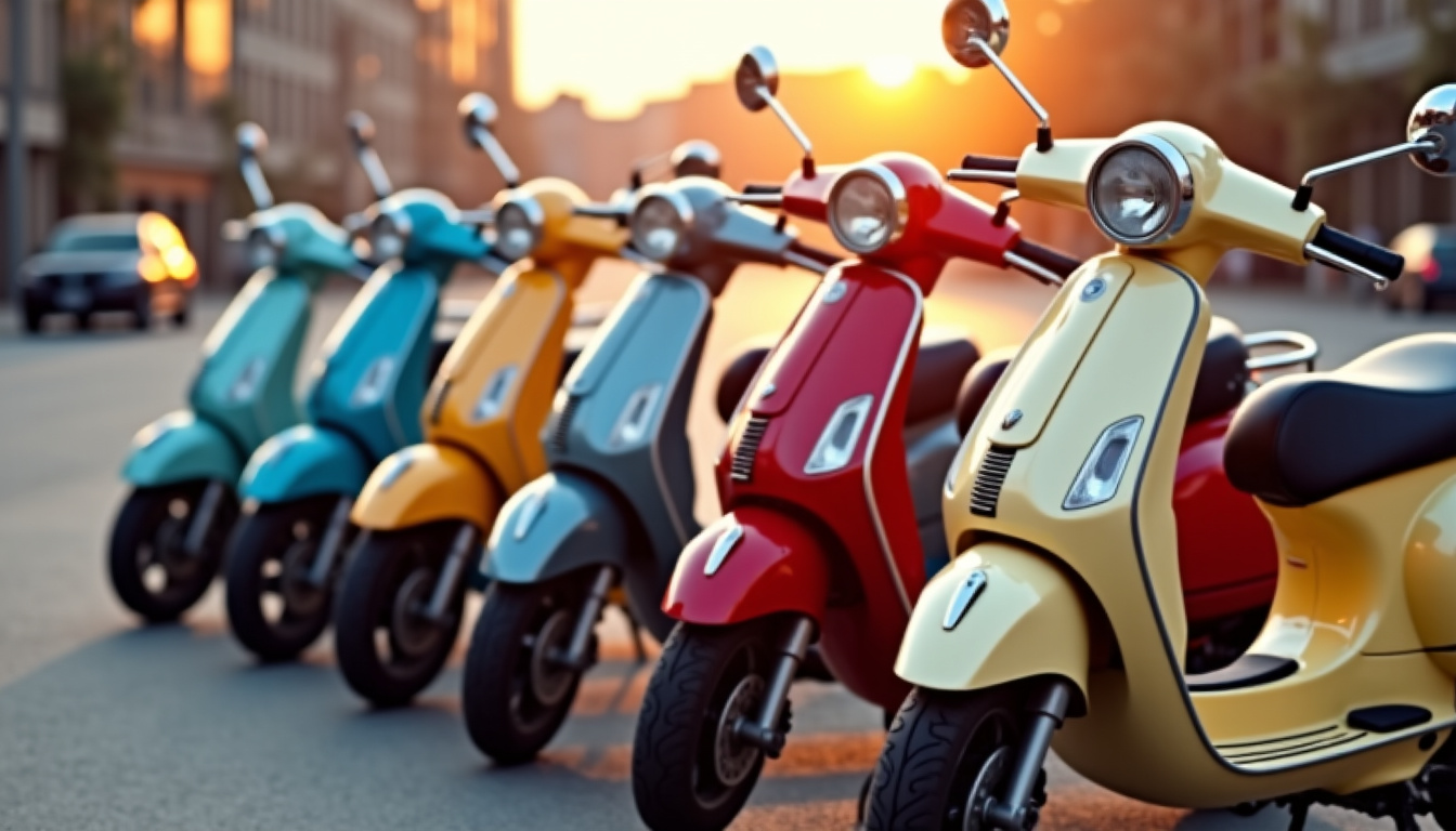 Gamme complète des modèles Vespa disponibles en 2026 alignés sur un parking urbain