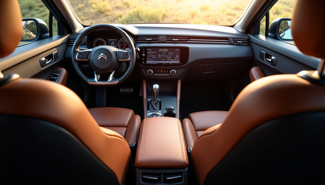 Intérieur du Citroën C5 Aircross en finition Exclusive, montrant le cuir pleine fleur, les sièges massants et l’écran tactile