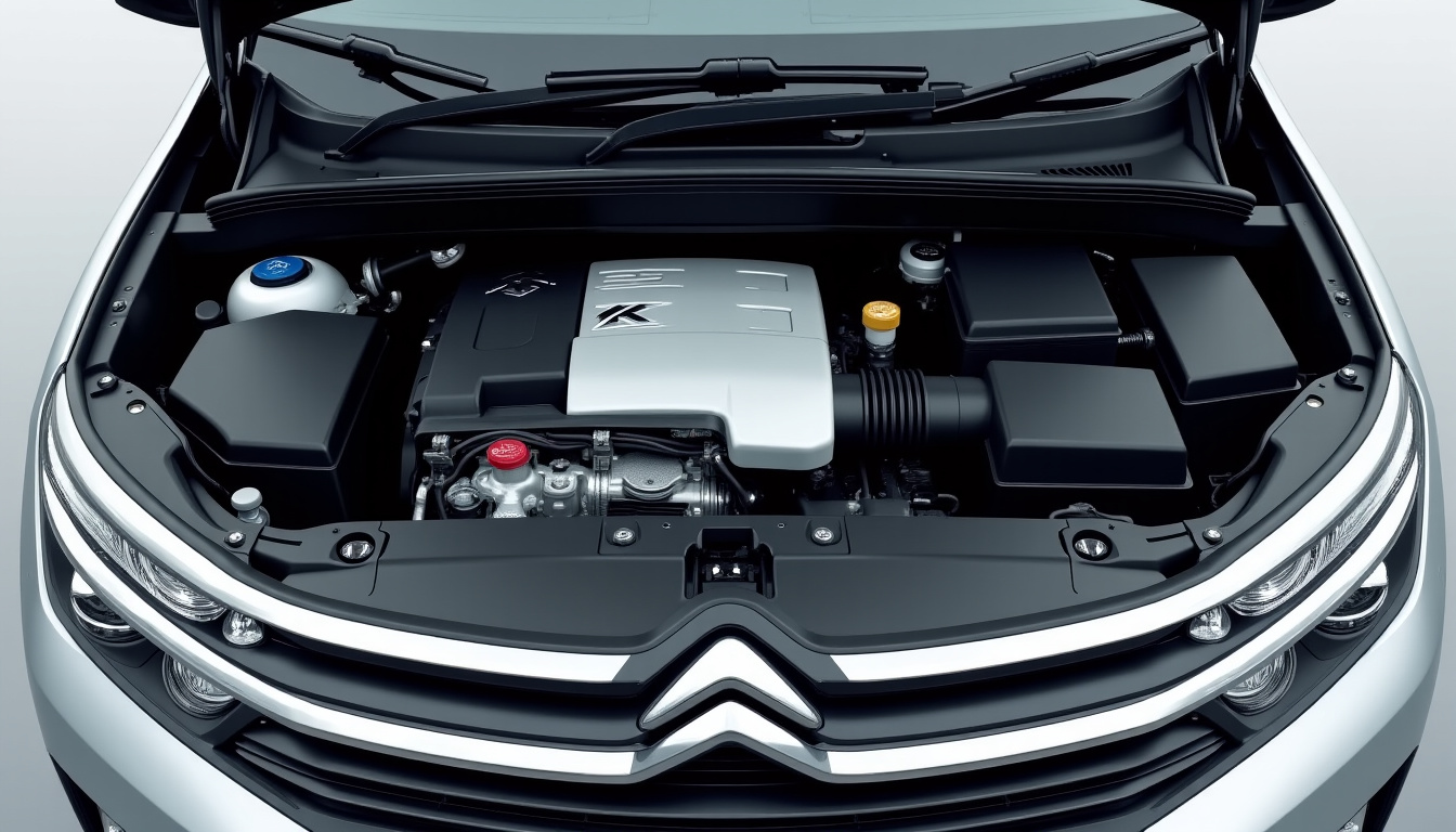 Intérieur du compartiment moteur du Citroën C5 Aircross montrant la motorisation hybride rechargeable et ses composants