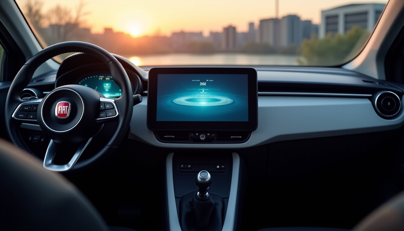 Tableau de bord de la Fiat 600 montrant les deux écrans numériques et les commandes centrales