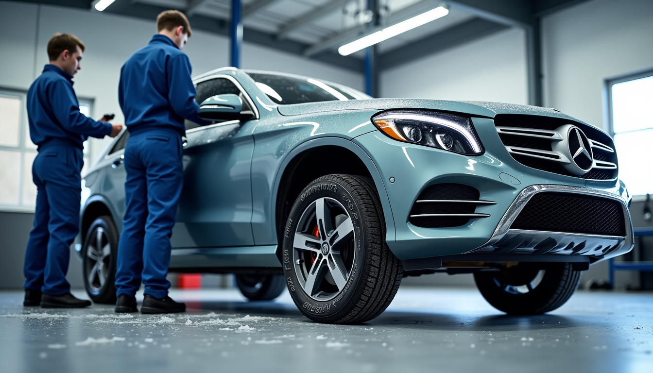 Voiture équipée de jantes hiver avec pneus neige en cours de montage