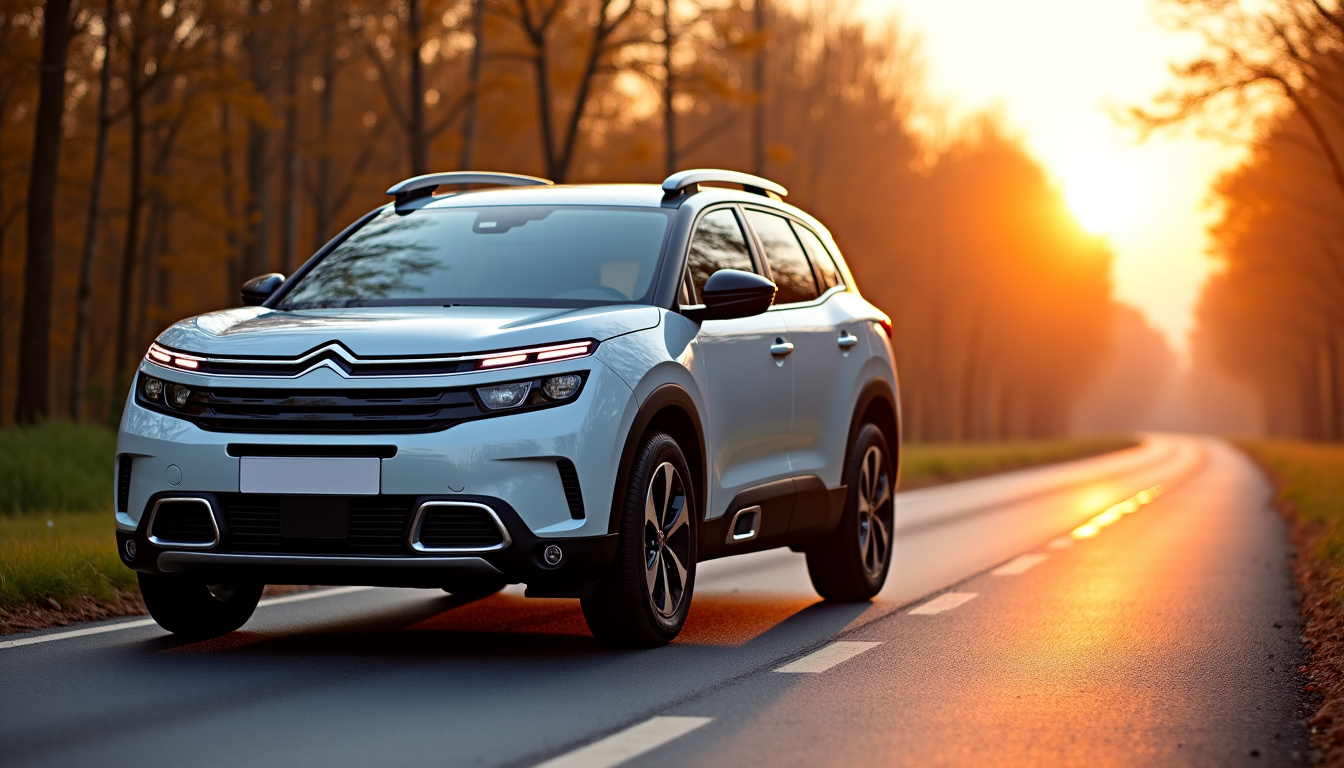 Vue latérale du Citroën C5 Aircross 2026, montrant les lignes modernes, la calandre distinctive et les jantes en alliage